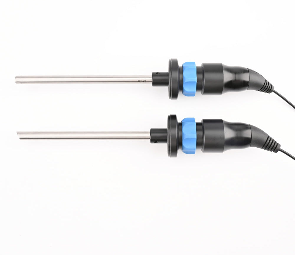Two medical instruments with blue connectors on a white background.