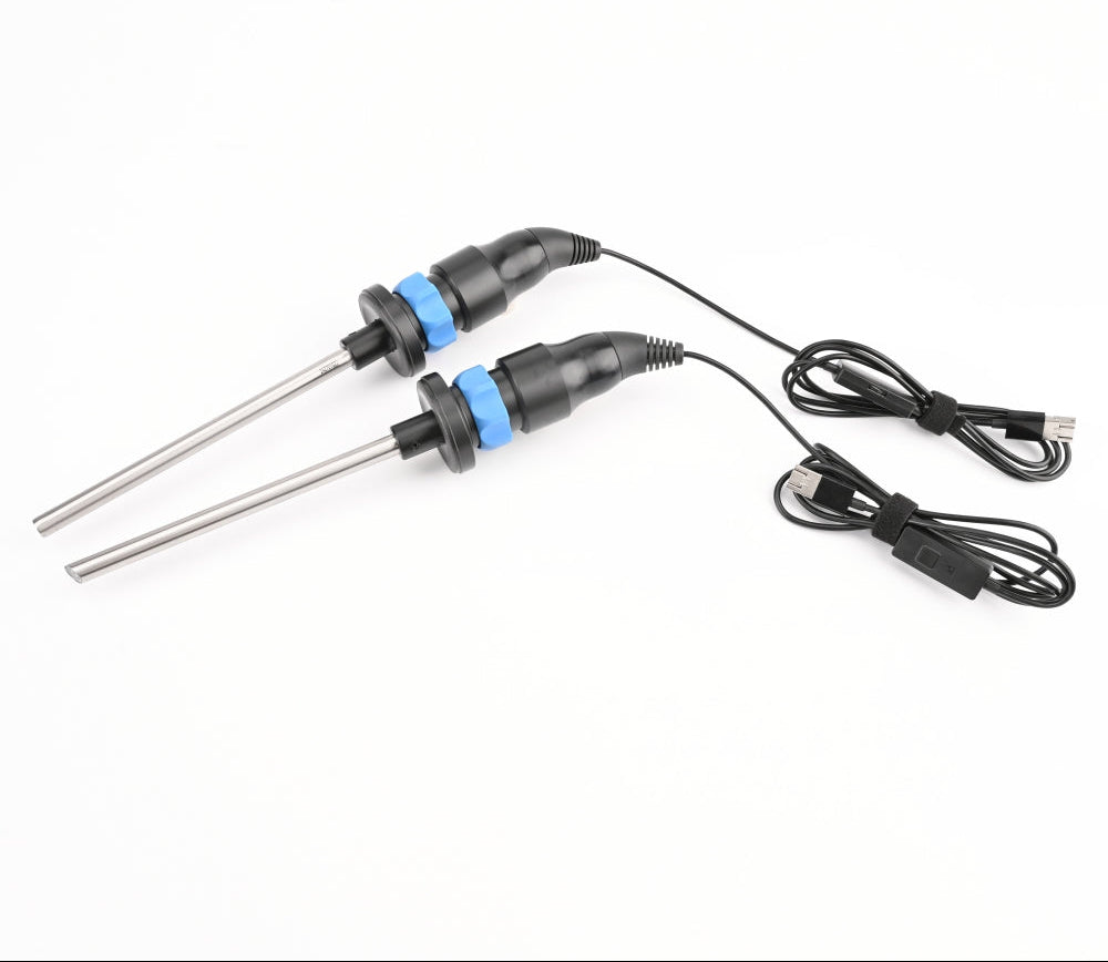 Two medical probes with cables on a white background