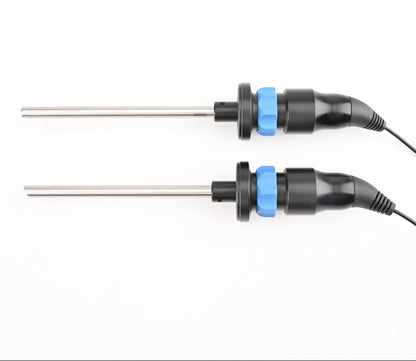 Two medical instruments with blue connectors on a white background.